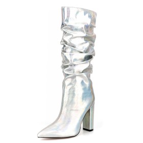 Silver Slouch Tall Boots Sparkly Fur Lined Dress Shoes Knee High Boots Faux Leather Block Heels Chunky 11 cm High Heeled Metallic