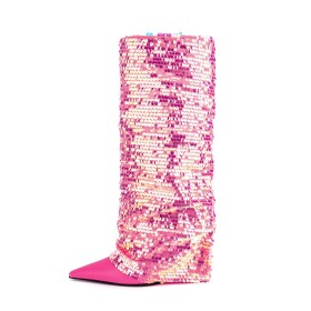 Sparkly Fuchsia Gradient Knee High Boots Glitter Wedges Tall Boots Fold Over Pointed Toe High Heels