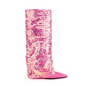 Sparkly Fuchsia Gradient Knee High Boots Glitter Wedges Tall Boots Fold Over Pointed Toe High Heels