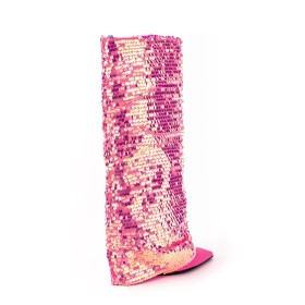 Sparkly Fuchsia Gradient Knee High Boots Glitter Wedges Tall Boots Fold Over Pointed Toe High Heels