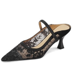 Chaussure De Soirée Dentelle Avec Strass Talon 6 cm Chaussures Femme Mule Bride Cheville Bout Pointu Cuir