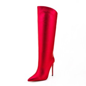 Knee High Boot For Women Patent Red Metallic Stiletto Tall Boots Full Grain Sparkly 12 cm High Heels