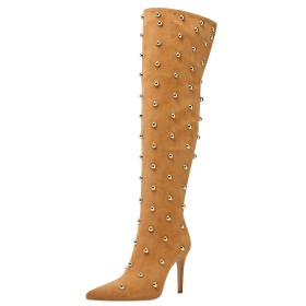 Classic Vintage Studded Thigh High Boots For Women Tall Boots Pointed Toe Faux Leather 10 cm High Heels