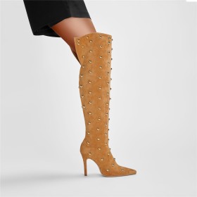 Classic Vintage Studded Thigh High Boots For Women Tall Boots Pointed Toe Faux Leather 10 cm High Heels