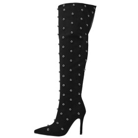 4 inch High Heeled Classic Vintage Suede Faux Leather Black Thigh High Boots For Women Studded