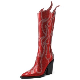 Thick Heel Faux Leather Sequin Rhinestones 3 inch High Heel Knee High Boots For Women Pointed Toe Modern Block Heel Tall Boot Graffiti