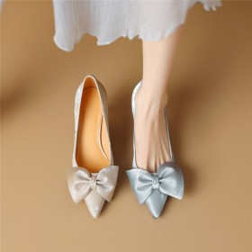7 cm Mid Heels Dress Shoes Satin Textured Leather Pumps Leather With Bowknot Elegant