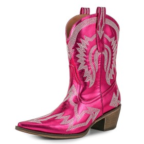 Booties For Women Faux Leather Metallic Chunky Heel Cowboy Boots Hot Pink Classic Pointed Toe Block Heels Mid Heels