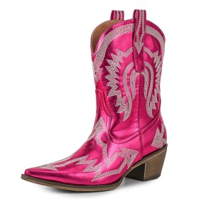 Cowboy À Talon Classique Talons Epais Rose Fushia Brodé Bout Pointu Talon Carré Originale Bottine