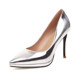 ハイヒール 10cm スリップオン ポイン テッド トゥ パテント 靴 パンプス ビジネス 7222110166F-Silver