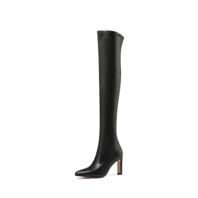 Sock Elegant Classic Casual Tall Boot Faux Leather Black 3 inch High Heel Thick Heel Pointed Toe Thigh High Boot For Women