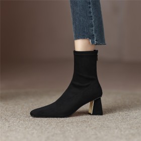 Fur Lined Chunky Heel Ankle Boots Block Heels Nubuck Sock 6 cm Mid Heels