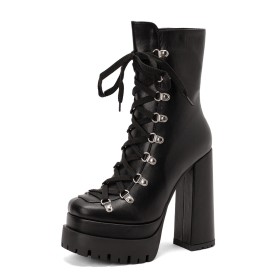 Combat Boots Met Blokhak Plateau Veterboots 15 cm Hoge Hakken Enkellaarsjes Dames Veters Gevoerde Imitatieleer