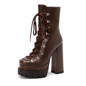 Fur Lined Booties For Women Brown Chunky Block Heels With Metal Jewelry Platform Faux Leather Lace Up Combat Round Toe