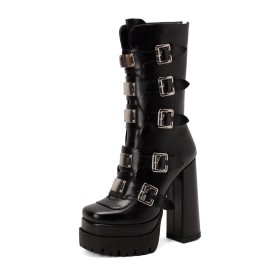 Goth High Heels Platform Black With Buckle Mid Calf Boot For Women Block Heel Combat Boots Chunky Fur Lined 2023