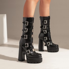 Goth High Heels Platform Black With Buckle Mid Calf Boot For Women Block Heel Combat Boots Chunky Fur Lined 2023
