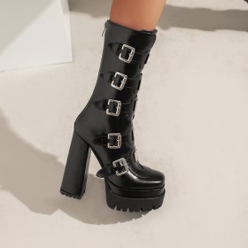 Goth High Heels Platform Black With Buckle Mid Calf Boot For Women Block Heel Combat Boots Chunky Fur Lined 2023