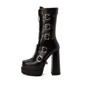 Goth High Heels Platform Black With Buckle Mid Calf Boot For Women Block Heel Combat Boots Chunky Fur Lined 2023