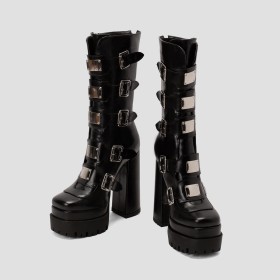 Goth High Heels Platform Black With Buckle Mid Calf Boot For Women Block Heel Combat Boots Chunky Fur Lined 2023