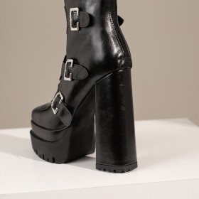 Goth High Heels Platform Black With Buckle Mid Calf Boot For Women Block Heel Combat Boots Chunky Fur Lined 2023