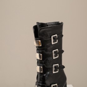 Goth High Heels Platform Black With Buckle Mid Calf Boot For Women Block Heel Combat Boots Chunky Fur Lined 2023