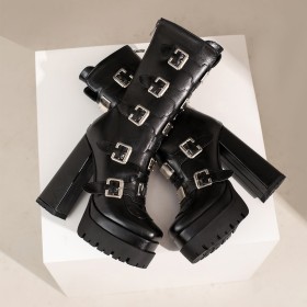 Goth High Heels Platform Black With Buckle Mid Calf Boot For Women Block Heel Combat Boots Chunky Fur Lined 2023