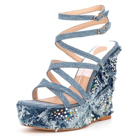 Touwtjes High Heel Met Enkelbandje Navy Blauwe Bohemian Franjes Sleehakken Plateau Gradient Denim Mode Sandalette Going Out Peeptoes