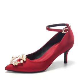 High Heels Burgundy With Ankle Strap Beautiful Pointed Toe Bridal Shoes With Pearl