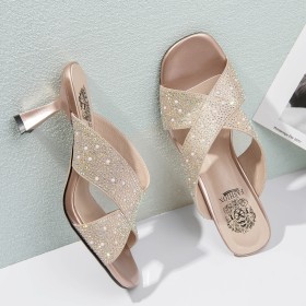 Party Shoes Sparkly Pearl Rhinestones Faux Leather Mid Heel Mules Stiletto Heels Peep Toe Beautiful Sandals