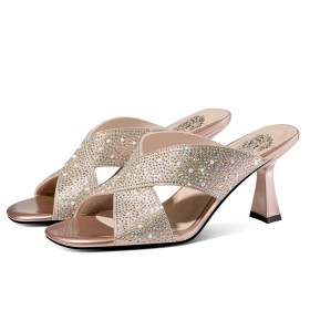 Party Shoes Sparkly Pearl Rhinestones Faux Leather Mid Heel Mules Stiletto Heels Peep Toe Beautiful Sandals