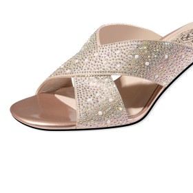 Party Shoes Sparkly Pearl Rhinestones Faux Leather Mid Heel Mules Stiletto Heels Peep Toe Beautiful Sandals