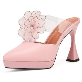 Blok Hak Elegante Leer Steentjes Hoge Hak Roze Mules Sandalette Bloem