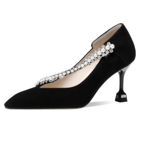 Stilettos With Pearls Bridal Shoes Mid Heel Suede Beautiful Black Shoes