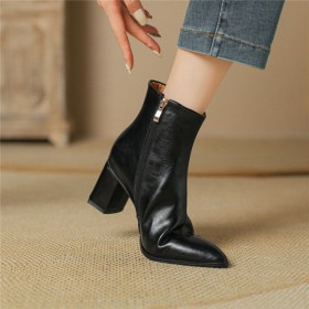 Rétro Cuir Talons Epais Classique A Talon 6 cm Casual Bottines Femme Fermeture Éclair Talons Carrés Élégant Boots Femme