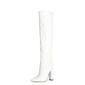 Sparkly Modern Pointed Toe Faux Leather Full Grain Tall Boots White Chunky Neon Color Knee High Boot Slouch High Heel Block Heels