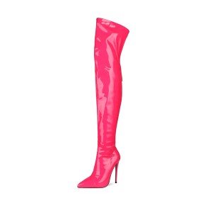 Gevoerde 13 cm Highheel Klassiek Lak Lange Laarzen Dames Overknee Fuchsia Neon