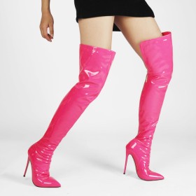 Over Knee Boots Pointed Toe 5 inch High Heeled Stiletto Heels Classic Hot Pink Tall Boot Patent Leather