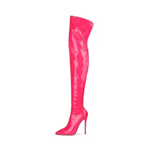 Over Knee Boots Pointed Toe 5 inch High Heeled Stiletto Heels Classic Hot Pink Tall Boot Patent Leather