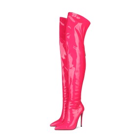 Over Knee Boots Pointed Toe 5 inch High Heeled Stiletto Heels Classic Hot Pink Tall Boot Patent Leather