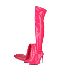 Over Knee Boots Pointed Toe 5 inch High Heeled Stiletto Heels Classic Hot Pink Tall Boot Patent Leather