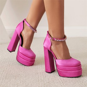 Mit Blockabsatz Sandalen Mit Strasssteine Plateau Fuchsia High Heels Satin