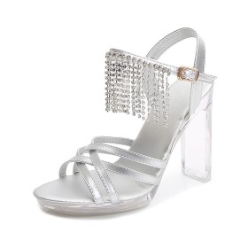 Strappy Silver Rhinestones Ankle Strap 4 inch High Heeled Block Heel Faux Leather Chunky Heel Sparkly Fringe Peep Toe Dressy Shoes Transparent Sandals
