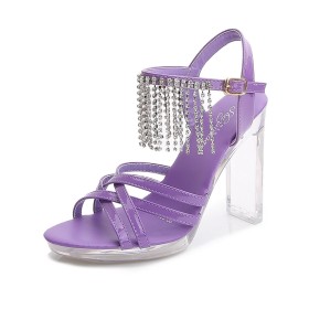 Party Shoes Fashion Peep Toe Strappy Sandals Clear Block Heels 10 cm High Heels Purple Ankle Strap Sparkly Chunky Tassel