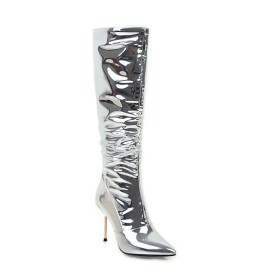 Gefütterte Silber Wadenhohe Stiefel Mode 2020 Kunststoff Mit Rote Sohle Pfennigabsatz 10 cm High Heel Spitz