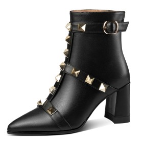 Pointed Toe With Metal Jewelry Chunky Heel Full Grain Ankle Boots For Women Leather Studded Block Heel Fur Lined