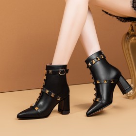 Pointed Toe With Metal Jewelry Chunky Heel Full Grain Ankle Boots For Women Leather Studded Block Heel Fur Lined