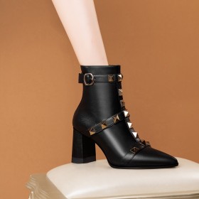 Pointed Toe With Metal Jewelry Chunky Heel Full Grain Ankle Boots For Women Leather Studded Block Heel Fur Lined