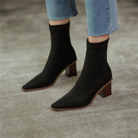Classic Block Heel Leather Closed Toe Booties For Women Faux Leather Sock Pointed Toe Going Out Shoes Suede Comfortable Mid Heel Stretchy Chunky Heel