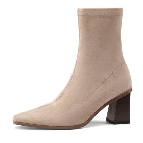 Senza Chiusura Con Tacco Medio Stivaletti Beige Calzino A Punta Scamosciate Autunno Inverno Classiche Tacco Largo Comode