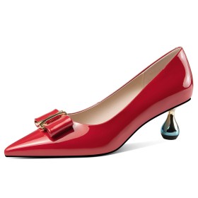 Beautiful Business Casual Pointed Toe 6 cm Mid Heels Leather Red Fashion Formal Dress Shoes Pumps With Bowknot Sculpted Heel